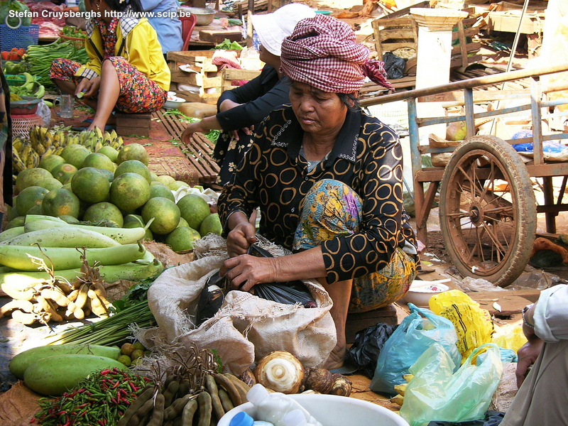 Banlung - markt De lokale markt van Banlung is een kleurrijk spektakel van verkopers en kraampjes met groenten en fruit, vlees en vis, kleding, huishoudelijke artikelen, ... Stefan Cruysberghs